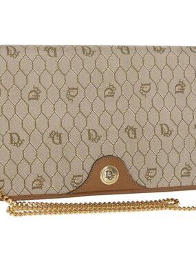 Christian Dior Honeycomb Canvas Chain Shoulder Bag PVC Beige Gold Auth